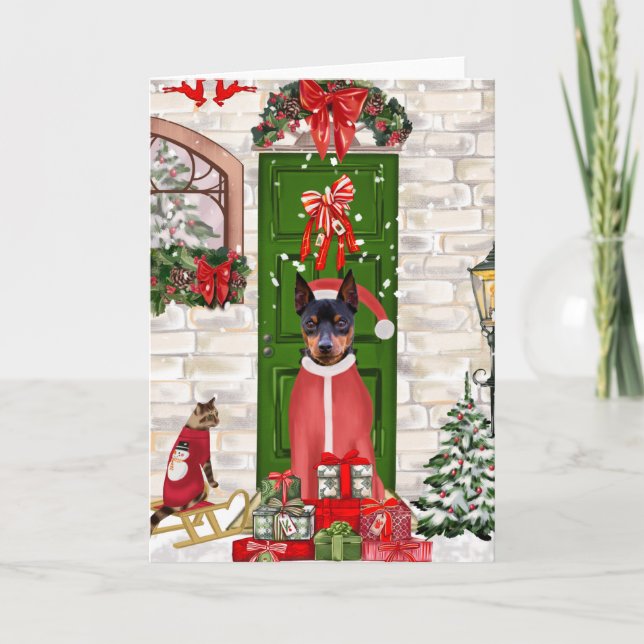 Cartão Pinscher Miniatura Cachorro Natal  (Frente)