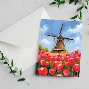 Cartão Pintado à Aguarela com Campo de Tulipas e M