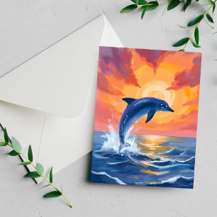 Cartão Pintado com Aquarela do Oceano no Pôr do So