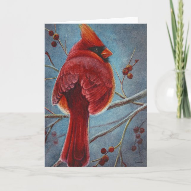 Cartão Pintassilgo Vermelho Cardinal Bagas Arte Aquarela (Frente)