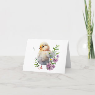Cartão Pintinho de Aquarela com VAZIO de Flores Roxas