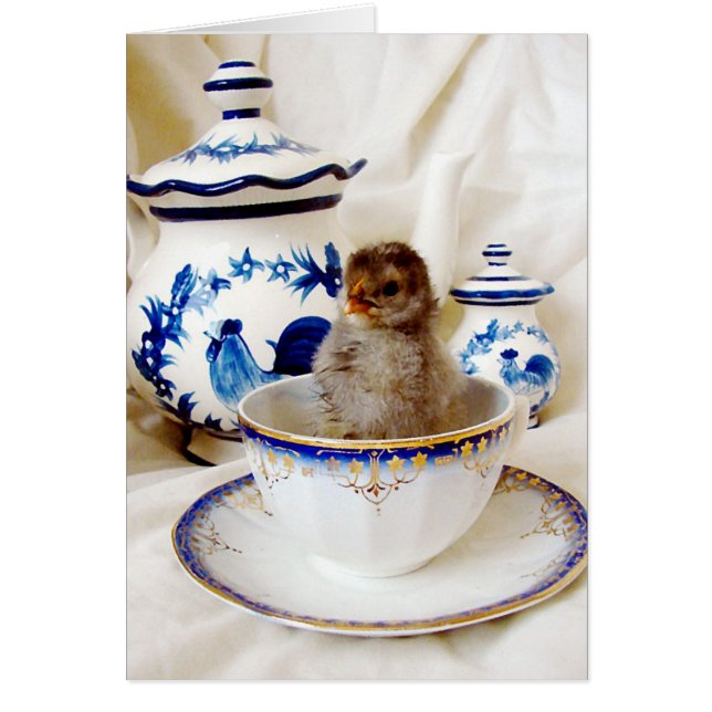 Cartão Pintinho de efeito de pintura a óleo e taça de chá (Frente)