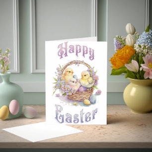 Cartão Pintinhos e ovos em forma de cesto