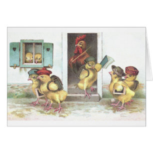 Cartão Pintinhos no professor da escola e do galo