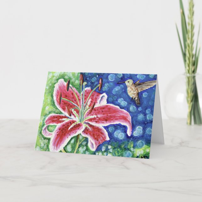 Cartão Pintor Hummingbird e Stargazer Lily (Frente)