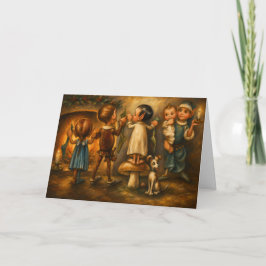 Cartão Pintura a Óleo Caprichosa de Elfos de Natal Vintag