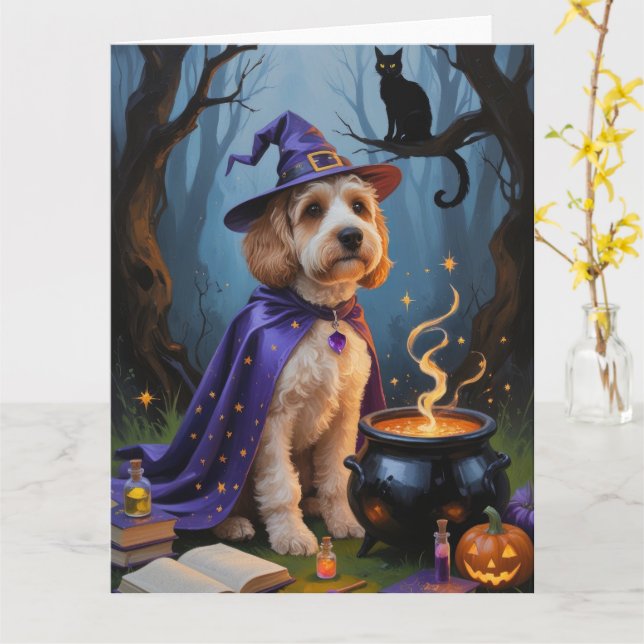 Cartão Pintura caprichosa de Halloween do cão Cockapoo (Flor Amarela)