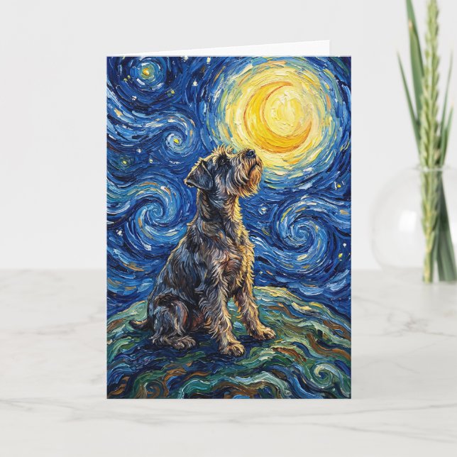 Cartão Pintura da Noite Estrelada com Schnauzer (Frente)