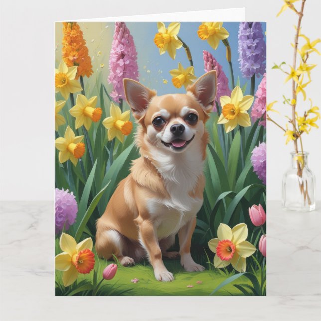 Cartão Pintura de Cachorro Chihuahua com Flores de Primav (Flor Amarela)