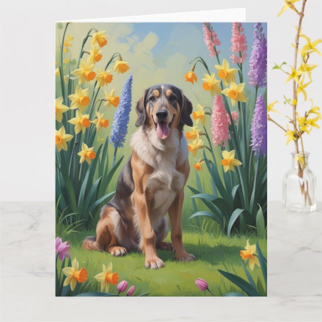 Cartão Pintura de Cão Wolfhound com Flores de Primavera (Flor Amarela)
