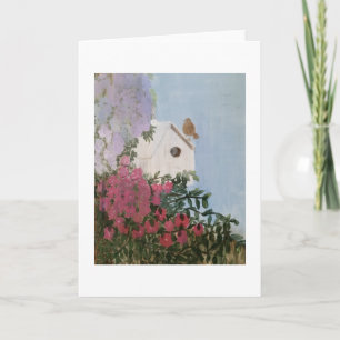 Cartão Pintura de Casa de Pássaros e Flores em Branco por