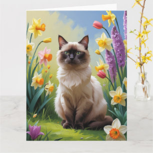 Cartão Pintura de Flores da Primavera de Gato Siames