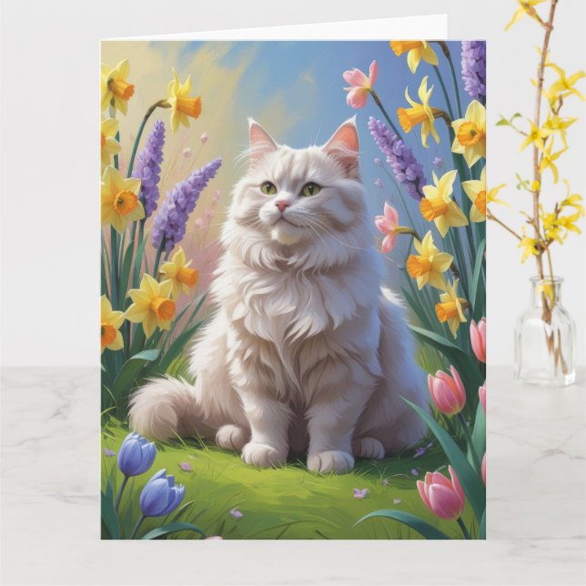 Cartão Pintura de Flores da Primavera de Gato Siberiano (Flor Amarela)