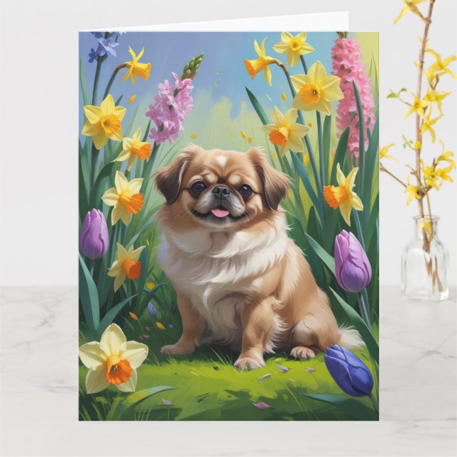 Cartão Pintura de Flores da Primavera do Cão Pequinês (Flor Amarela)