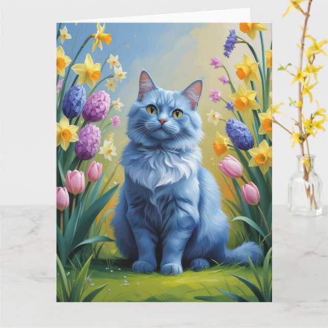 Cartão Pintura de Flores de Gato Azul Russo (Flor Amarela)