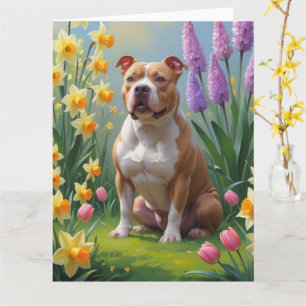 Cartão Pintura de Flores de Primavera com Cachorro Pitbul
