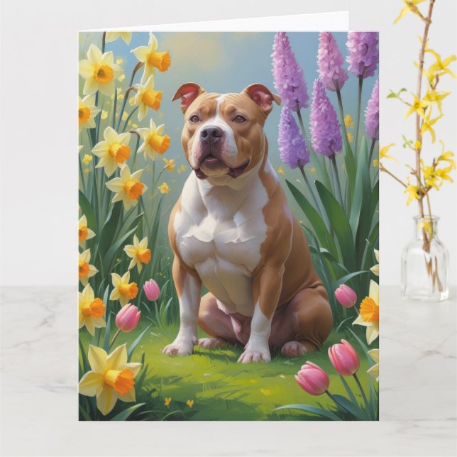 Cartão Pintura de Flores de Primavera com Cachorro Pitbul (Flor Amarela)