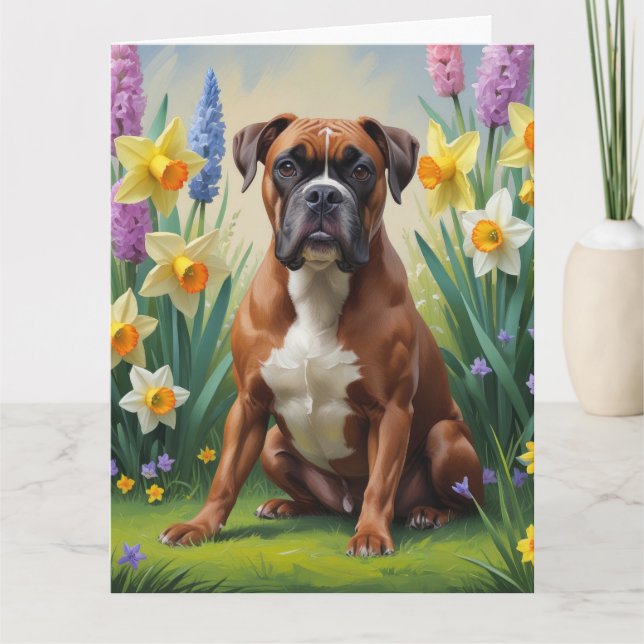Cartão Pintura de Flores de Primavera de Cachorro Boxer (Frente)