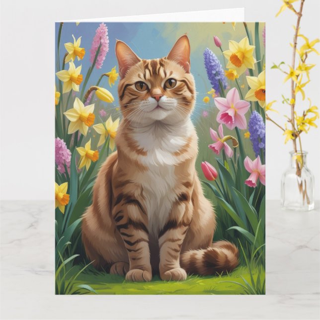 Cartão Pintura de Flores de Primavera de Gato Bengal (Flor Amarela)