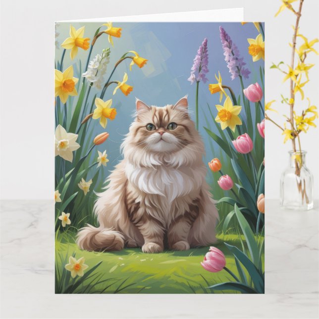 Cartão Pintura de Flores de Primavera de Gato Persa (Flor Amarela)
