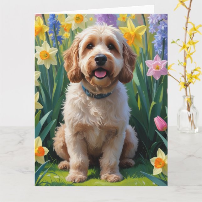 Cartão Pintura de Flores de Primavera do Cão Cockapoo (Flor Amarela)