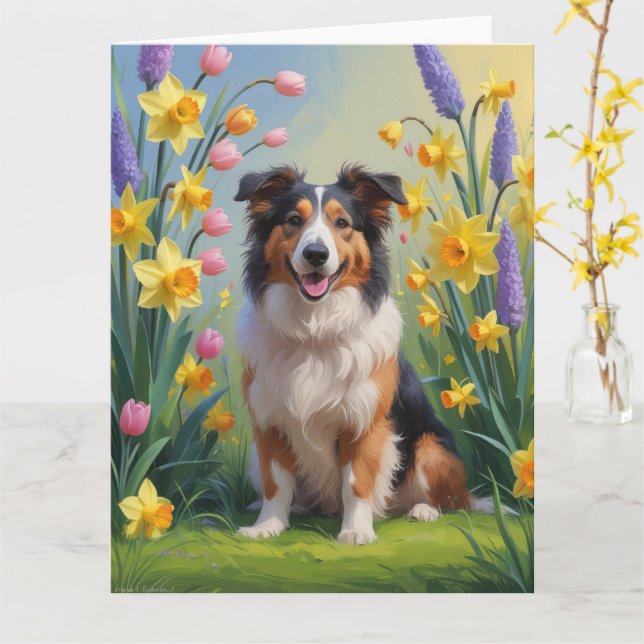 Cartão Pintura de Flores de Primavera do Cão Collie Ásper (Flor Amarela)