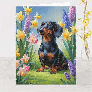 Cartão Pintura de Flores de Primavera do Cão Dachshund