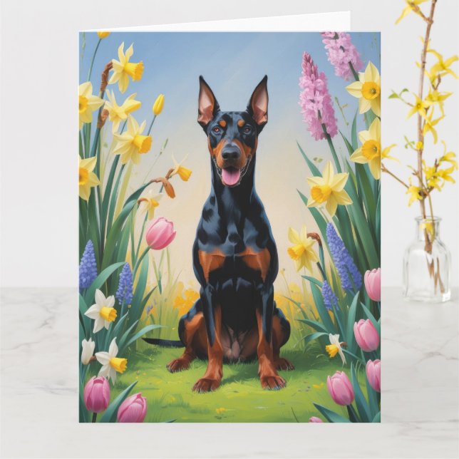 Cartão Pintura de Flores de Primavera do Cão Doberman (Flor Amarela)