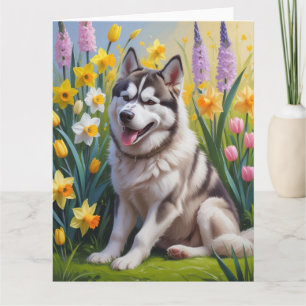 Cartão Pintura de Flores de Primavera do Cão Husky Siberi