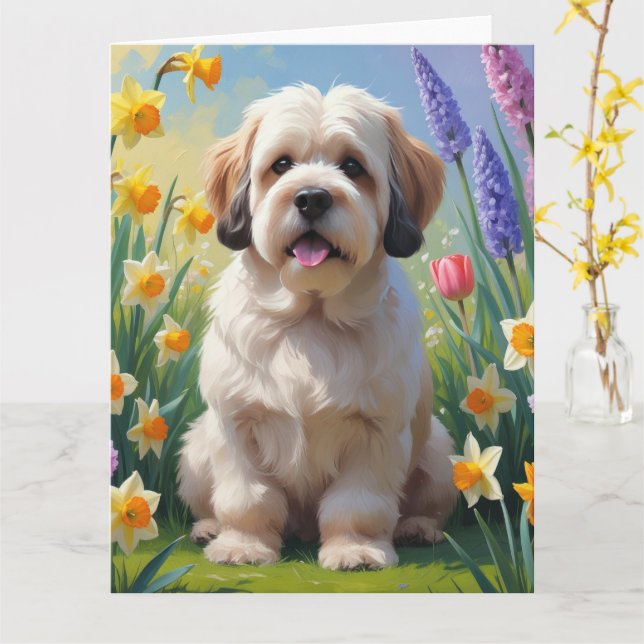 Cartão Pintura de Flores de Primavera do Cão Lhasa Apso  (Flor Amarela)