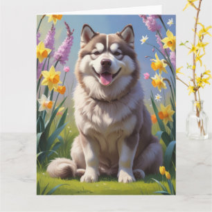 Cartão Pintura de Flores de Primavera do Cão Malamute do