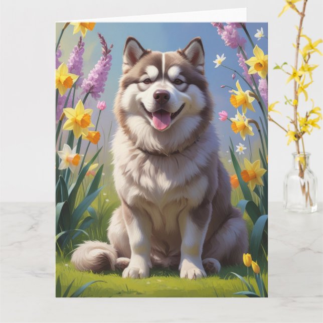 Cartão Pintura de flores de primavera do cão Malamute do  (Flor Amarela)