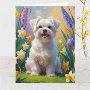 Cartão Pintura de Flores de Primavera do Cão Maltês