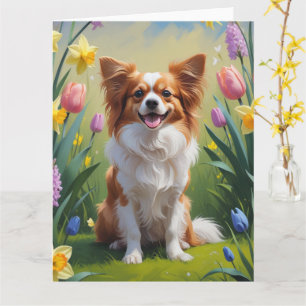 Cartão Pintura de Flores de Primavera do Cão Papillon