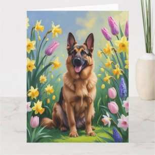 Cartão Pintura de Flores de Primavera do Cão Pastor Alemã
