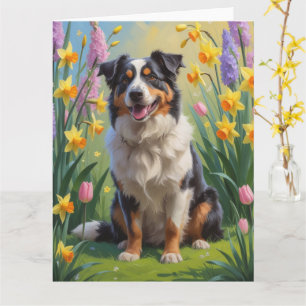 Cartão Pintura de Flores de Primavera do Cão Pastor Austr