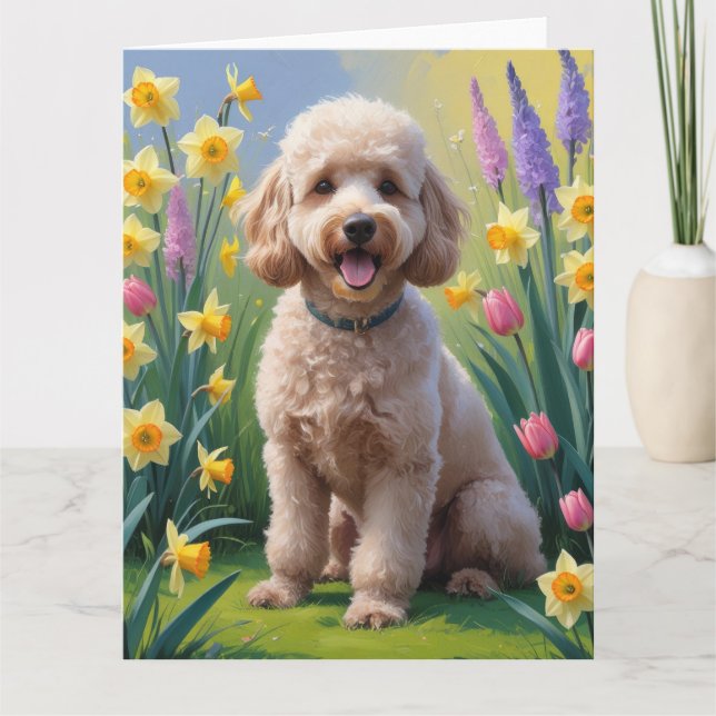 Cartão Pintura de Flores de Primavera do Cão Poodle (Frente)
