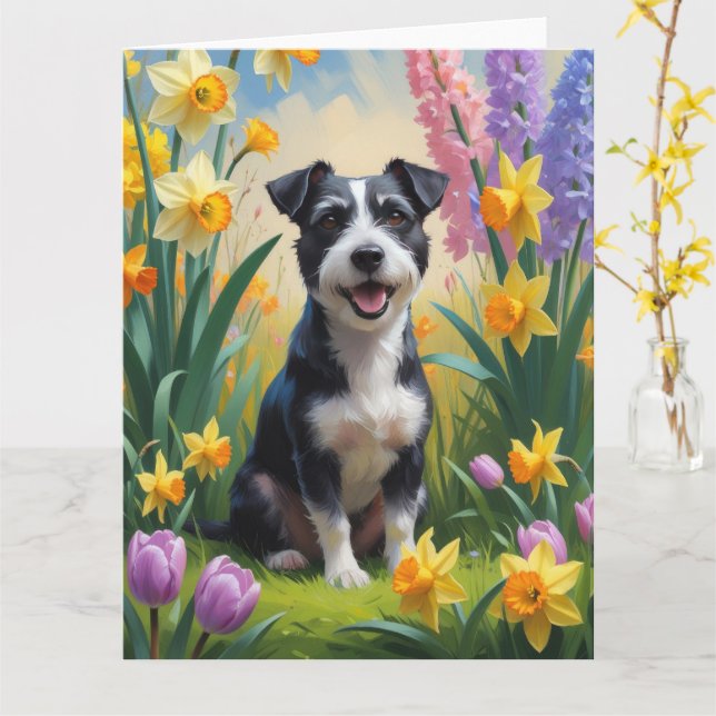 Cartão Pintura de Flores de Primavera do Cão Rat Terrier (Flor Amarela)