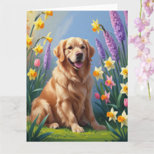 Cartão Pintura de Flores de Primavera do Cão Retriever Do
