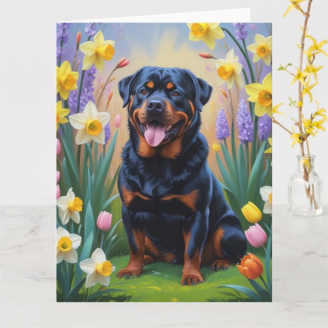Cartão Pintura de Flores de Primavera do Cão Rottweiler (Flor Amarela)