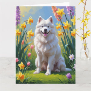 Cartão Pintura de Flores de Primavera do Cão Samoyed