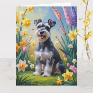 Cartão Pintura de Flores de Primavera do Cão Schnauzer