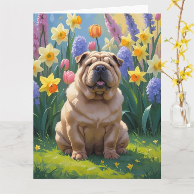 Cartão Pintura de Flores de Primavera do Cão Shar Pei (Flor Amarela)