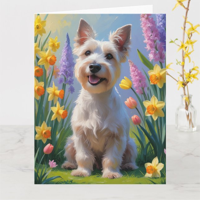 Cartão Pintura de Flores de Primavera do Cão Terrier Esco (Flor Amarela)