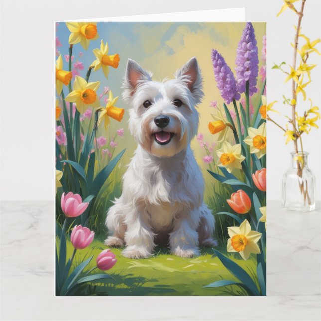 Cartão Pintura de flores de primavera do cão terrier Skye (Flor Amarela)