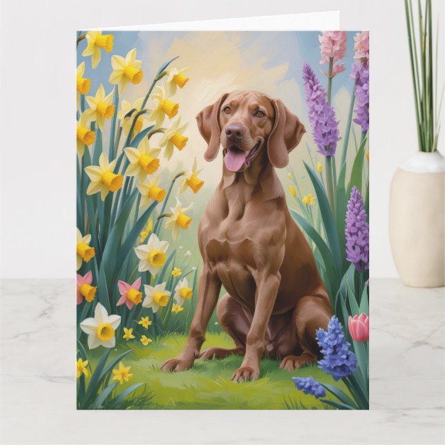 Cartão Pintura de Flores de Primavera do Cão Vizsla (Frente)
