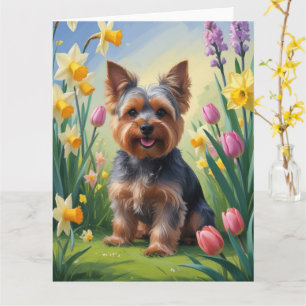 Cartão Pintura de flores de primavera do cão Yorkshire Te