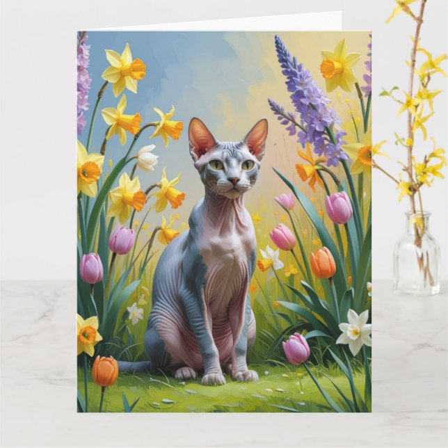 Cartão Pintura de Flores de Primavera do Gato Sphynx (Flor Amarela)