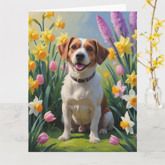 Cartão Pintura de Flores de Primavera do Terrier da Baía  (Flor Amarela)
