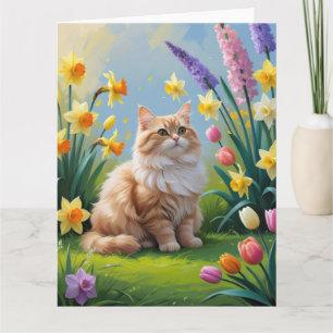 Cartão Pintura de Gato Angorá Turco com Flores da Primave